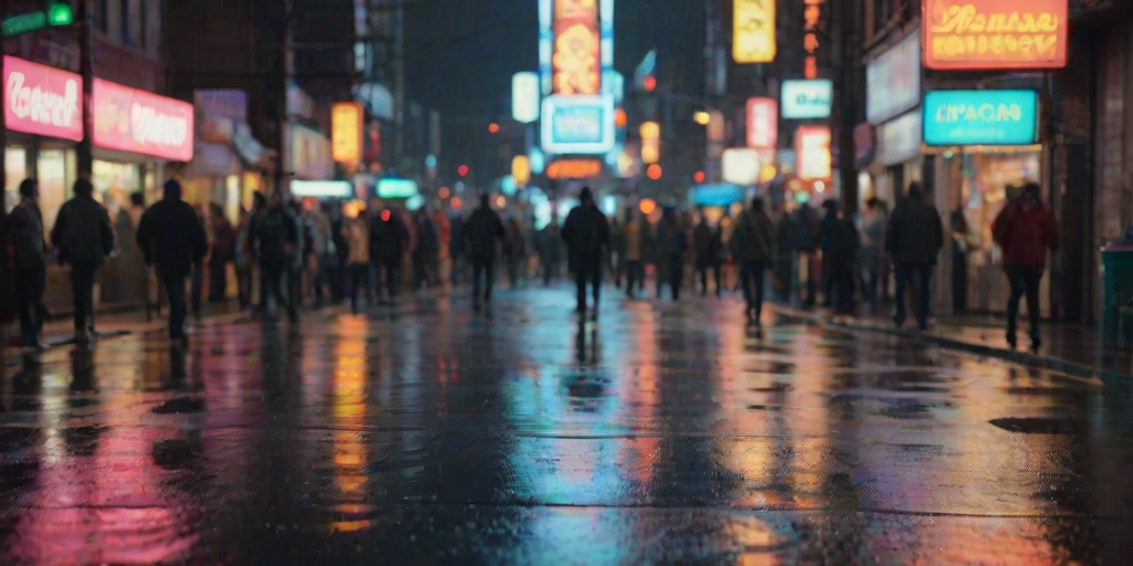 Blurry, candid photo of a bustling street corner in a big city, soft glow from neon signs illuminating the wet pavement, with distant figures walking in and out of focus.