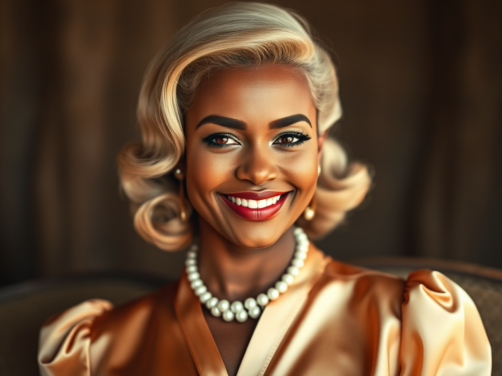 A beautiful Zulu woman reminiscent of 1950s Hollywood glamour, with perfectly styled blonde hair and a seductive smile, dressed in a satin blouse and adorned with pearls, soft and warm tones, photorealistic, 8K