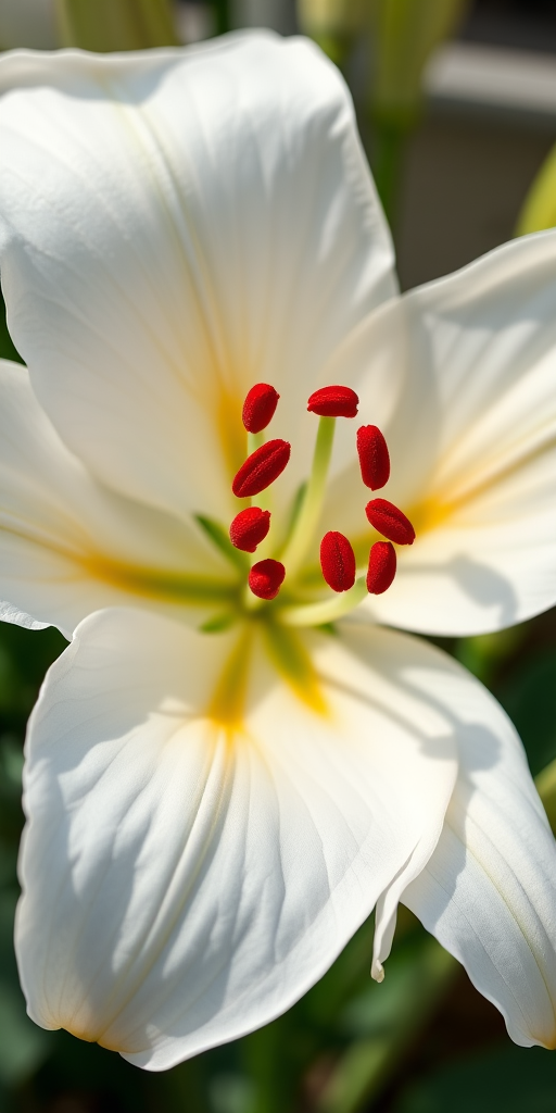 Regenerate the image of a white lily flower with detailed petals and vibrant red stamens, using a DSLR camera, 50mm lens, f/2.8 aperture, ISO 100, shot in natural light from a slightly elevated angle for depth.
