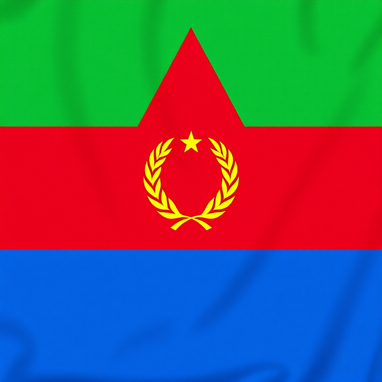 Create a high-resolution image of the Eritrean flag featuring a green triangle at the top, a red triangle in the middle with a yellow olive branch emblem at the center, and a blue triangle at the bottom, using a DSLR camera with a 50mm lens, aperture set to f/8, ISO 100, and a shutter speed of 1/200s, captured from a straight-on perspective.