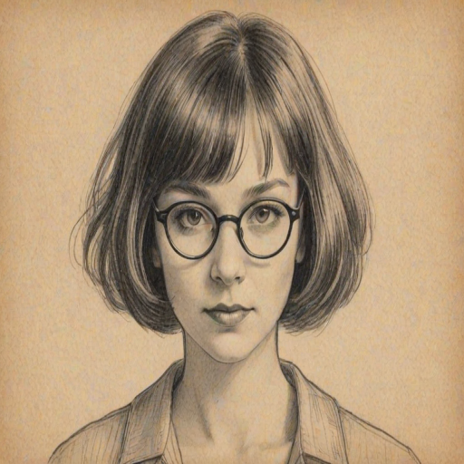 Bewitching Sia, pencil sketch, portrait of Delightful woman 1926s in glasses, hair style beatnik, outline, clear lines, fine lines, 8k