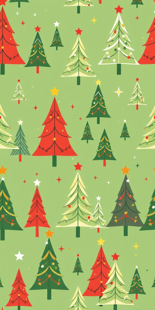 Create a seamless pattern featuring stylized Christmas trees in varying heights with colorful stars and decorations on a muted green background, shot with a DSLR camera at f/8 aperture, ISO 100, and 24mm focal length for a crisp, high-resolution image.