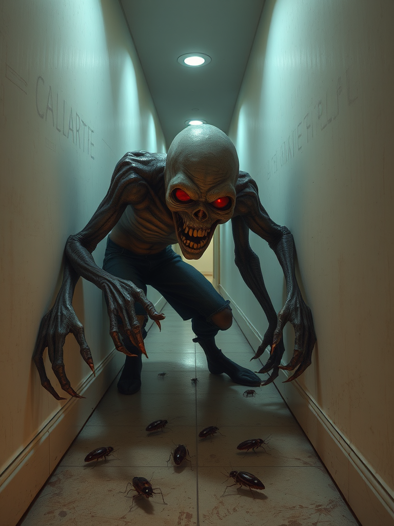 a crooked male with long arms and a creepy smile is crawling along a long white corridor and you can also see cockroaches in it there is a creepy atmosphere creepy art style
