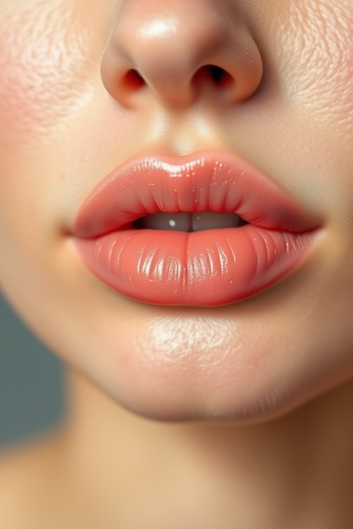 Soft rose-petal lips with a natural dewy sheen, delicately shaped and subtly enhanced, embodying effortless beauty and youthful radiance