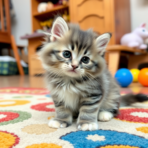 Cute fluffy kitten with gray and white fur sitting on a colorful rug with its head tilted to the side looking curiously at the camera. The background features wooden furniture and a playful environment.