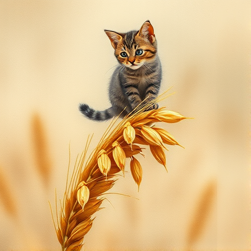 Soft, muted Alcohol Ink with ebru effect background image of tiny whimsical cat, who climbed high on the top of a golden rye ear.