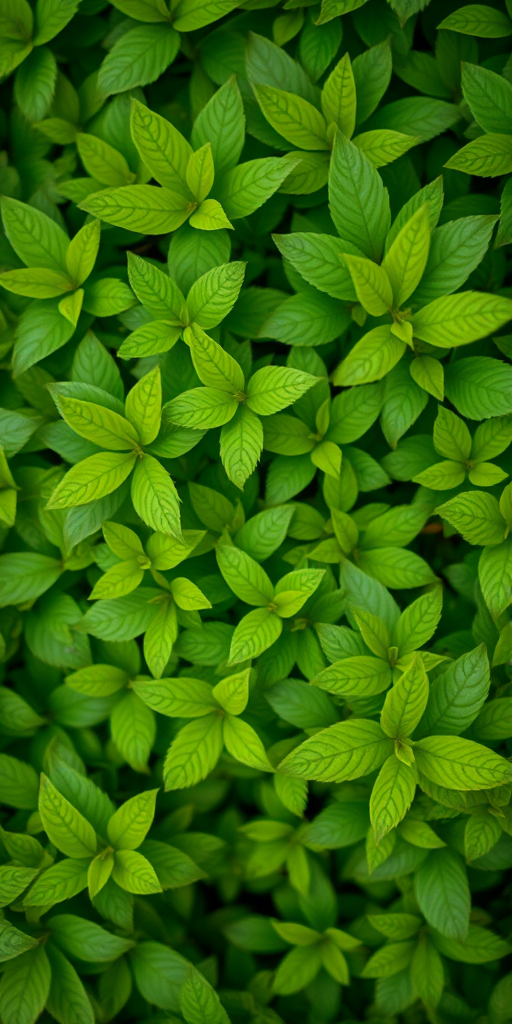 regenerate a lush green foliage background with vivid green leaves detailed in varying shades, captured with a DSLR camera at f/2.8 aperture, ISO 100, 50mm lens, in a shallow depth of field for enhanced bokeh effect, with a top-down view for a rich textured appearance