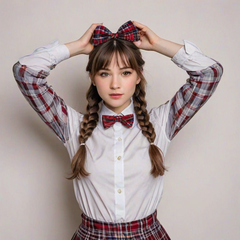 arms behind head, arms up, averting eyes, blush, bow, bowtie, braid, braided bangs, breasts, brown hair, cowboy shot, forehead, grey skirt, long hair, medium breasts, plaid clothes, plaid skirt, pleated skirt, red bow, red bowtie, shirt, shirt tucked in, simple background, skirt, solo, very long hair, white background, white shirt