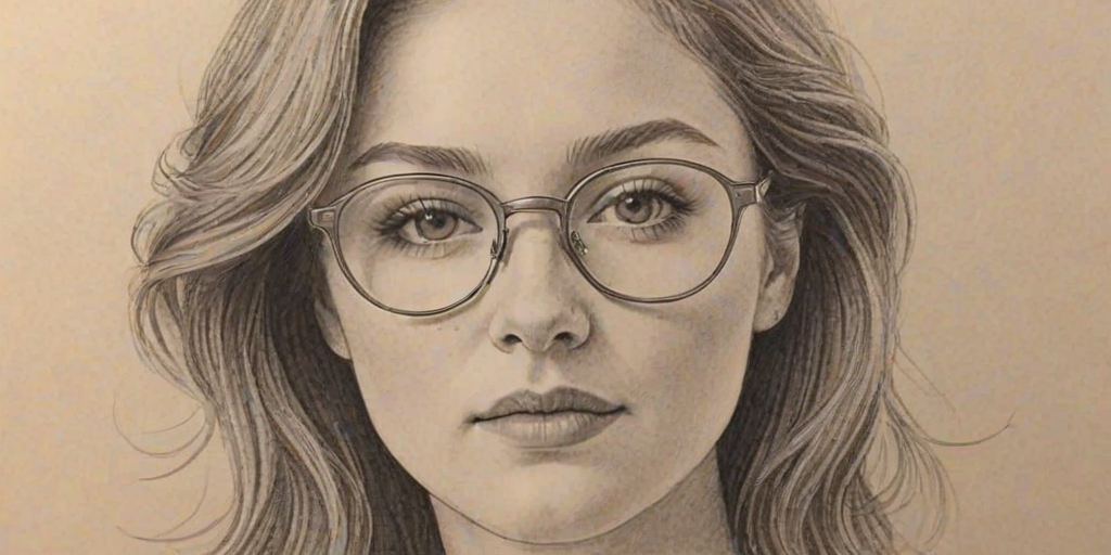 Elegant Emma Kenney, pencil sketch, portrait of Stunning woman 1977s in glasses, hair style beatnik, outline, clear lines, fine lines, 8k