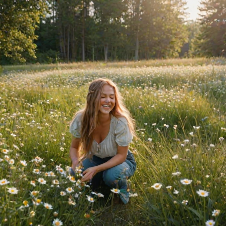 Sunny meadow filled with tall wildflowers, a woman with long braided hair kneels to pick daisies, her laughter echoing softly in the quiet, serene environment.