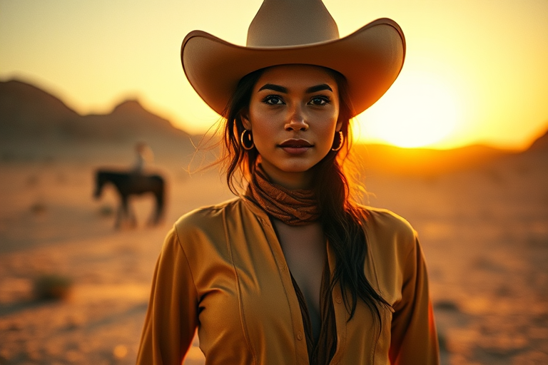 Dramatic photo of a beautiful Malay woman, classic cowboy attire, confident and free spirit expression, half-length portrait, centered, golden hour desert landscape, warm, diffused light, low angle, medium format film camera, in style of Annie Leibovitz.