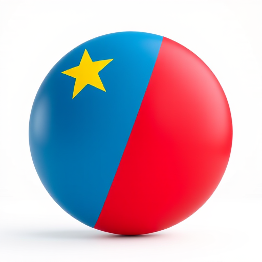 Create a realistic 3D render of the flag of the Democratic Republic of the Congo featuring a circular shape with a blue background, a red stripe diagonally from lower-left to upper-right, and a yellow star in the upper-left corner, shot with a DSLR camera at f/2.8, 50mm lens, ISO 100, with soft diffused lighting and a slight depth of field effect to enhance the color vibrancy.