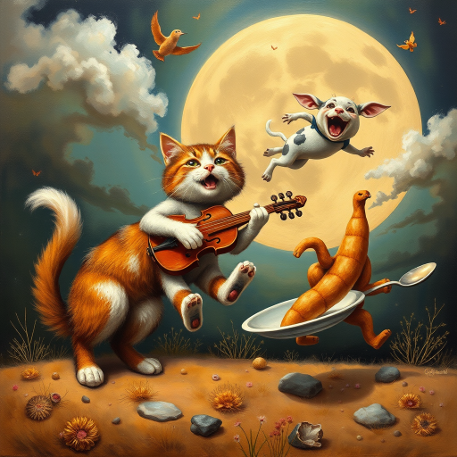 A whimsical hyper vibrant, hyper realistic and hyper detailed image of a cat and a fiddle, a cow jumping over a moon , a laughing dog, and a dish running away with a spoon, oil painting and airbrush