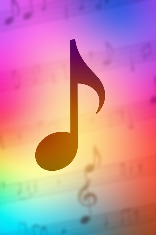 Create an abstract image featuring a large musical note overlaid on a colorful gradient background with musical staff and notes, using a DSLR camera with a 50mm lens, aperture set to f/2.8, ISO 100, and HDR imaging for enhanced detail and vibrancy.