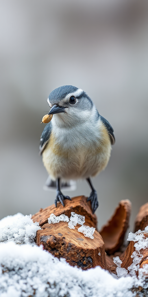 Capture a close-up of a nuthatch perched on a snowy log with a seed in its beak, using a DSLR camera, 200mm lens, f/5.6 aperture, ISO 200, natural light, shallow depth of field, and a background blur to enhance detail and clarity.