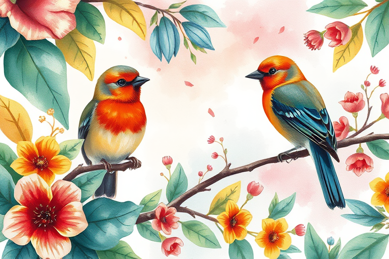 Create a vibrant and colorful illustration of stylized birds perched on branches surrounded by watercolor leaves and flowers, with a soft focus effect, using a high-resolution digital camera at f/2.8 aperture, 50mm lens, shot in natural light.