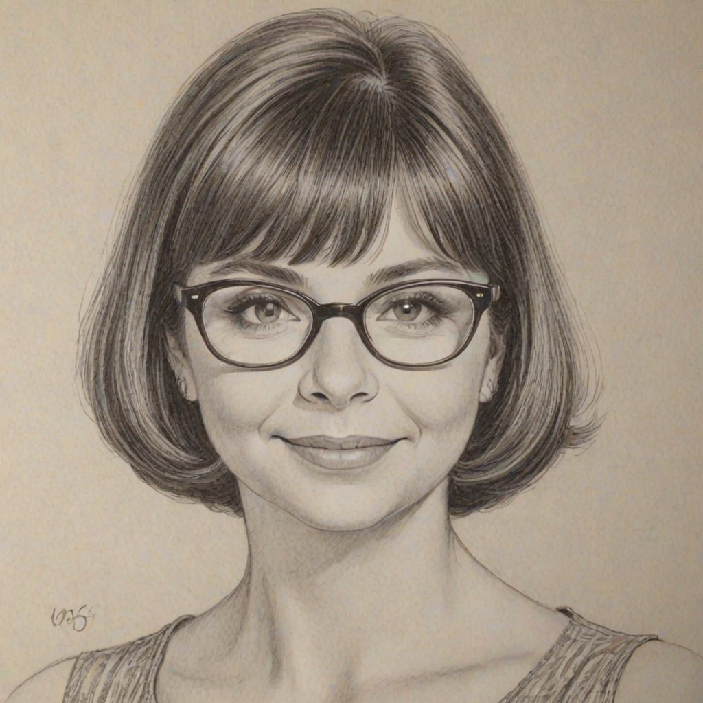 Captivating Cindy Williams, pencil sketch, portrait of Alluring woman 1956s in glasses, hair style beatnik, outline, clear lines, fine lines, 8k