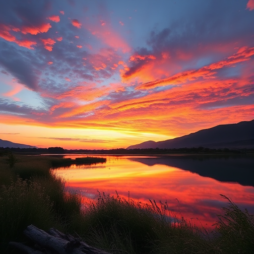Create a high-resolution image of a serene landscape at sunrise, with vibrant colors in the sky and a calm lake reflecting the scenery, using a DSLR camera with a 24mm lens, at f/8 aperture, ISO 100, and a shutter speed of 1/125 second, shot from a slightly elevated viewpoint to capture depth and perspective.