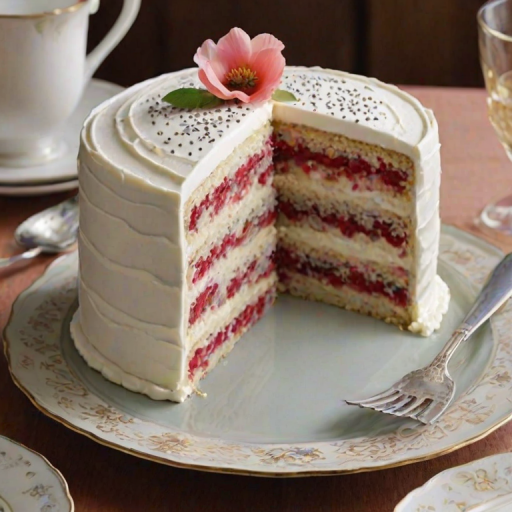 Create an image of a beautiful layered cake on a decorative stand. The cake should be frosted with a smooth white icing and have a light lemon flavor, featuring poppy seeds in the layers. One slice should be cut and placed on a fine china plate, showcasing the interior with its distinct layers. The background should be a soft, natural setting, enhancing the cake's appeal.
