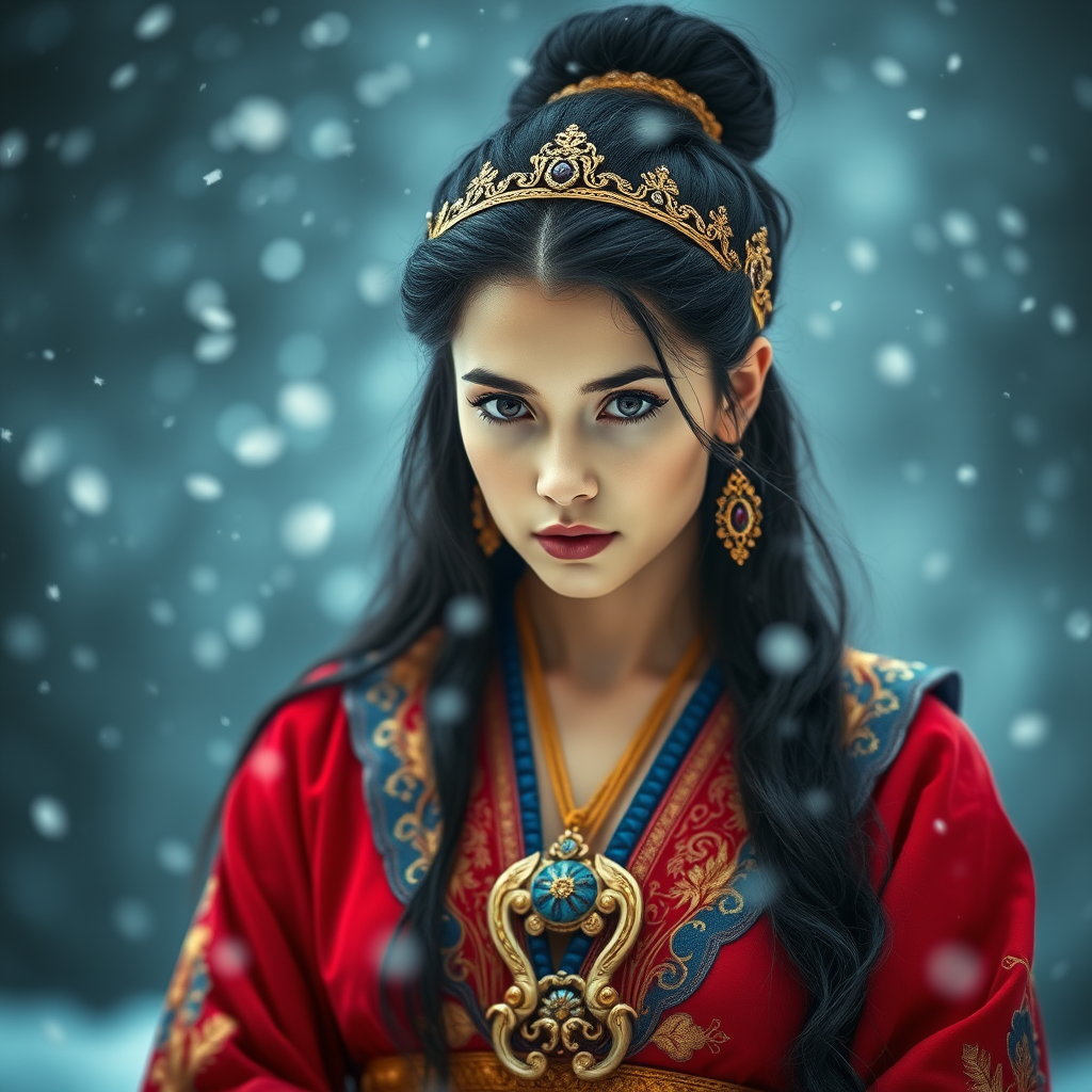 A young woman with long black hair styled in a high bun, adorned with a gold crown and intricate hair ornaments, stares intently at the viewer. She wears a vibrant red and gold embroidered robe with blue accents, a gold belt with a large ornate buckle, and a blue and gold shoulder piece. The woman is positioned in the center of the frame, with the background blurred and filled with falling snow. The image has a soft, ethereal feel with a focus on the woman's face and attire, creating a portrait-like composition. The colors are rich and saturated, with the red, gold, and blue of the clothing standing out against the muted blue and white of the snowy backdrop. The lighting is soft and diffused, casting a warm glow on the woman's face.  The overall mood is elegant and mysterious.  The details of the woman's attire, especially the intricate embroidery and embellishments, add a sense of opulence and grandeur.  The falling snow further enhances the sense of winter magic and wonder.