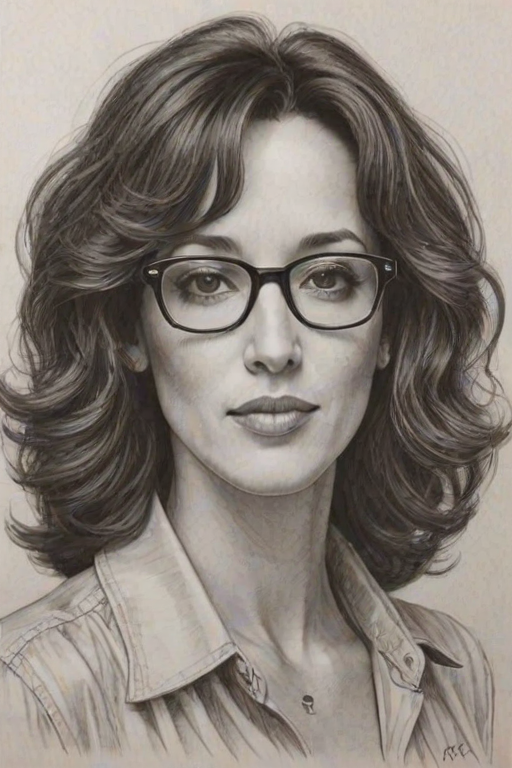 Delightful Jennifer Beals, pencil sketch, portrait of Resplendent woman 1978s in glasses, hair style beatnik, outline, clear lines, fine lines, 8k
