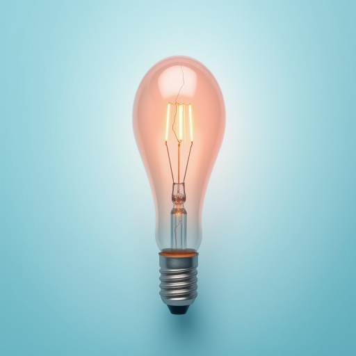 Create a high-resolution illustration of a light bulb with a cracked filament, centered on a pastel blue background, using a Canon EOS R5, ISO 100, f/8, 50mm lens, with a clean and minimalistic flat design style.