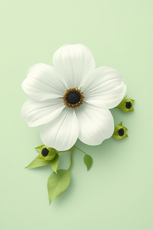 Regenerate an illustration of a large white flower with a dark center surrounded by smaller green buds and leaves on a soft mint green background, using a Canon EOS R5 camera, aperture f/5.6, ISO 100, 50mm lens, top-down view, digital illustration style for enhanced quality.