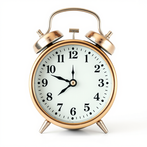 Create a high-resolution image of a classic round alarm clock with a white background, using a DSLR camera, 50mm lens, aperture f/2.8, ISO 100, and natural lighting to enhance details and clarity.