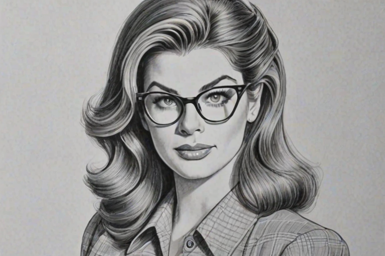 Bewitching Kirstie Alley, pencil sketch, portrait of Elegant woman 1940s in glasses, hair style beatnik, outline, clear lines, fine lines, 8k