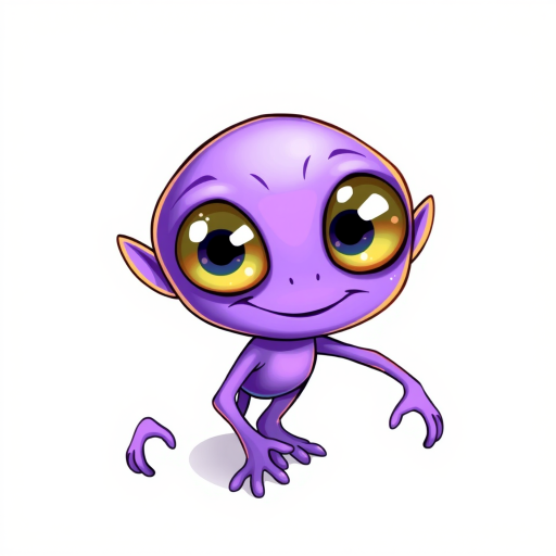 Create an illustration of a purple alien character with large eyes, a quirky smile, and cartoonish limbs, in a bright and colorful style with a white background, using a digital drawing tablet with a resolution of 300 DPI, focused on vibrant colors and clean outlines, captured at a high-angle view with soft lighting.