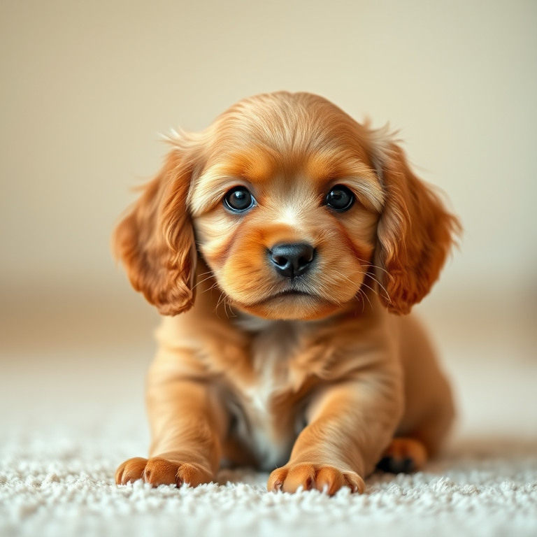 Portrait of a cute brown cocker spaniel puppy sitting on a soft carpet, shallow depth of field, 50mm lens, f/1.8, ISO 100, natural light, Canon DSLR, soft focus background.