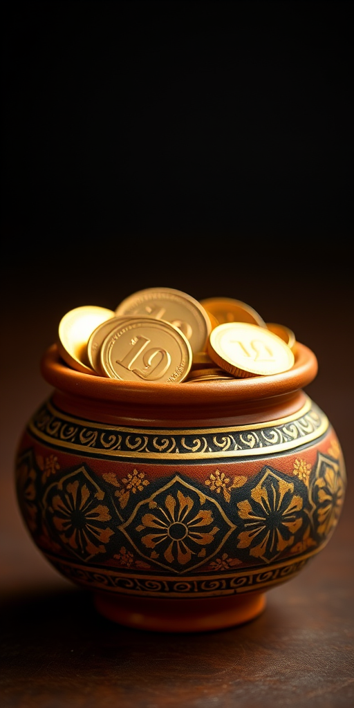 Generate an image of a decorative clay pot filled with gold coins, with intricate designs on the pot's surface, using a 50mm lens, f/1.8 aperture, soft focus background, and studio lighting to enhance the colors and details.
