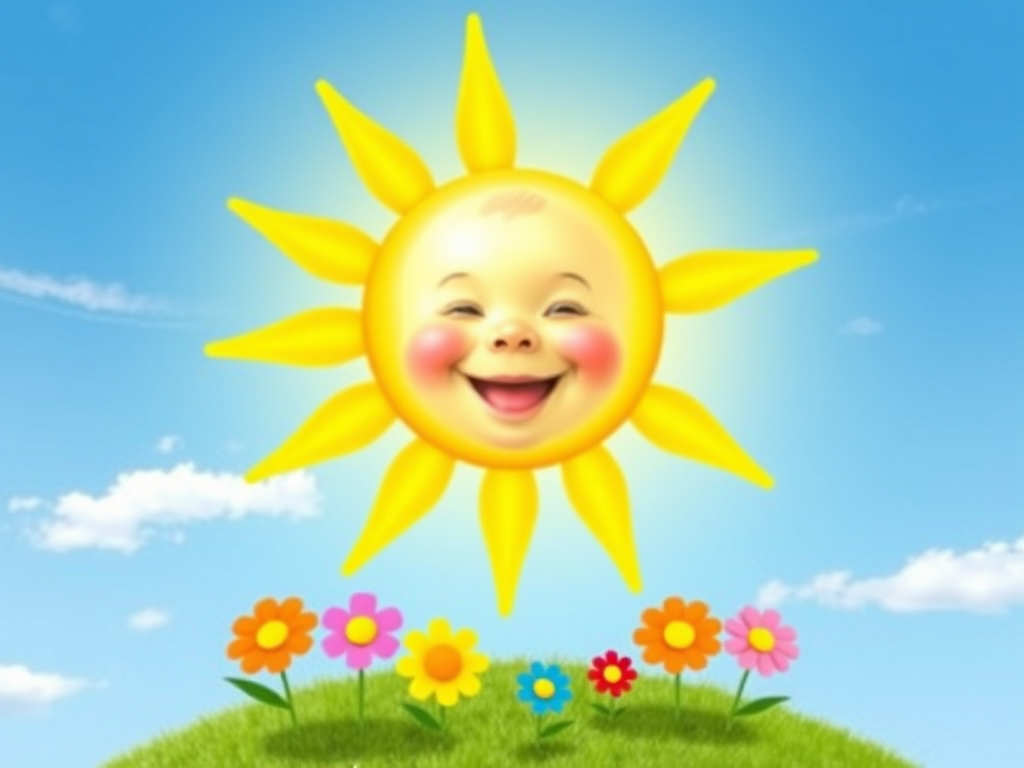 Create an image shows a bright, sun with a smiling baby's face in the center, radiating soft yellow rays. The sun is set against a clear blue sky with a few wispy clouds. Below, there's a lush green grassy hill with colorful, oversized flowers, giving the scene a whimsical, playful atmosphere.