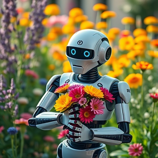 Create a stylistic illustration of a robot holding flowers in a vibrant garden, shot with a Canon EOS R5, 50mm lens, f/1.8 aperture, ISO 100, natural light, vibrant colors, soft focus background for depth.