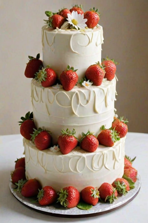 Create a three-tiered cake decorated with white frosting, fresh strawberries, and elegant flowers. The cake should have a smooth finish and feature intricate piping details. Add some tall, striking flowers emerging from the cake for a dramatic effect, all set against a plain white background.