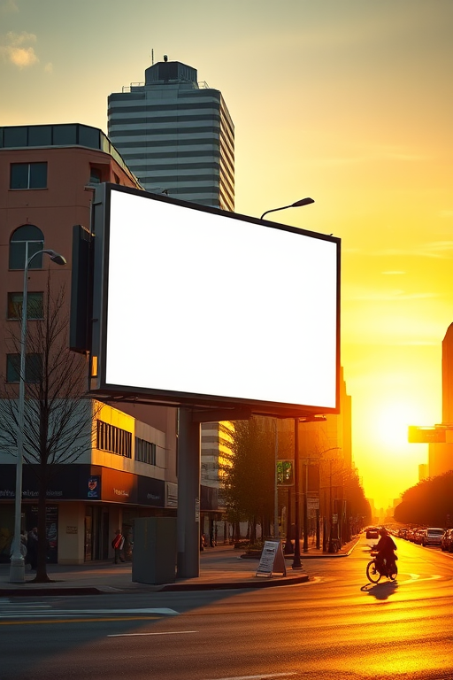 Create a high-resolution image of a blank advertising billboard on a city street during the golden hour, using a DSLR camera with a 24mm lens, f/8 aperture, ISO 100, and a slight HDR style for enhanced contrast and vibrant colors.
