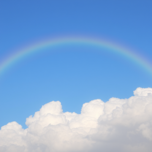 Create a vibrant rainbow arching across a clear blue sky with fluffy white clouds at the bottom, using a DSLR camera with a 50mm lens, aperture set to f/2.8, ISO 100, and a soft focus effect for depth.