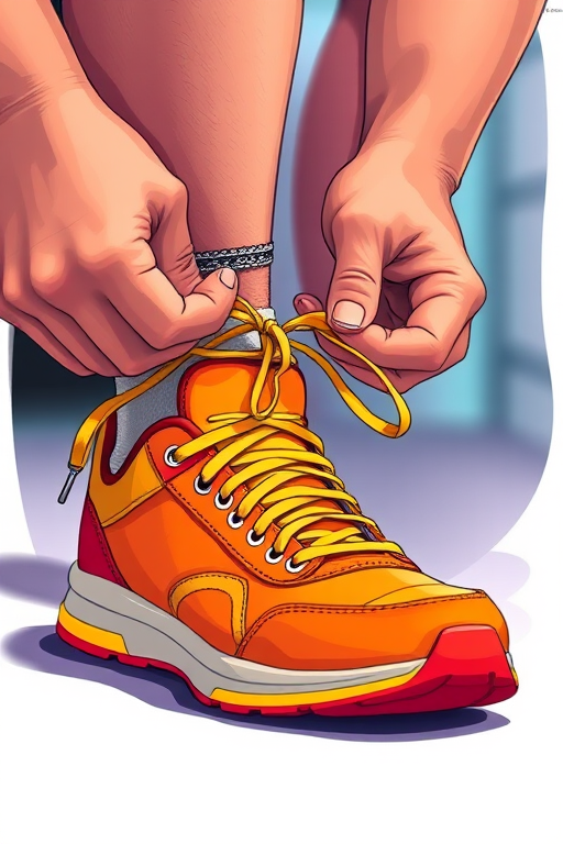 Create a vibrant illustration of a person tying their shoelaces on a bright orange and yellow sneaker, focus on the hand and shoe details, soft focus background, DSLR camera, f/2.8 aperture, 50mm lens, natural lighting, high resolution.