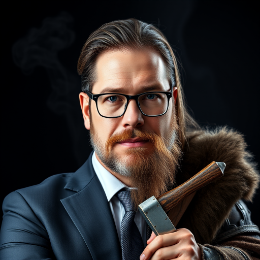a combination of two pictures of a man in two completely different outfits and makeups. seamless stitched together vertically exactly over the middle of his face. exact same eye level on both sides. The left side shows him as a business person, without beard, wears suit, tie and glasses. The right side of him is wearing no glasses, long hair and beard and is dressed like a viking with a battle axe in his hand. The background is continuously dark with some smoke over both sides. --no visible lines or seams between both sides of the picture