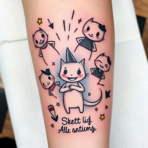 Playful "Sketch Animation" tattoo style featuring hand-drawn illustrations that appear to come to life through clever use of motion lines and multiple overlapping images, rendered in a mix of bold black outlines and subtle colored pencil shading, creating a dynamic and whimsical tattoo that tells a story through its animated aesthetic