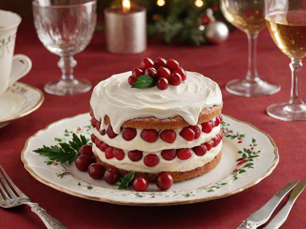 Create an image of a festive dessert displayed on a decorative plate. The dessert should be a traditional holiday cake made with layers of cream and fruit, garnished with fresh cranberries and holly leaves. Surround the dessert with elegant glassware and a cozy table setting. The background should be warm and inviting, evoking a holiday celebration atmosphere.