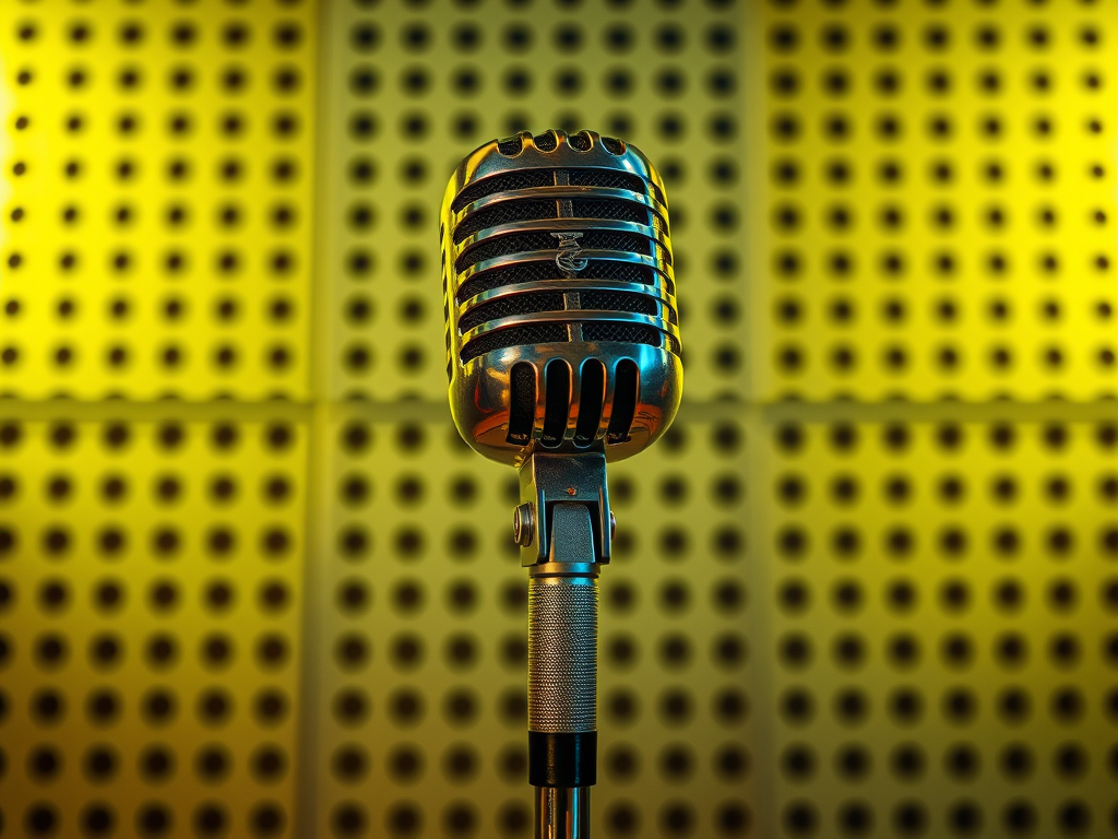 Create a high-resolution image of a vintage microphone on a stage with a perforated metal background, illuminated with soft yellow lighting, using a DSLR camera with a 50mm lens at f/2.8, ISO 100, and a 1/125s shutter speed, in a top-down perspective to emphasize the microphone.