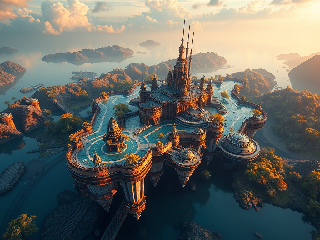Futuristic floating city surrounded by water and trees, aerial view, vivid colors, high dynamic range, f/8 aperture, 1/200 sec shutter speed, ISO 100, wide-angle lens, digital camera, photorealistic rendering.
