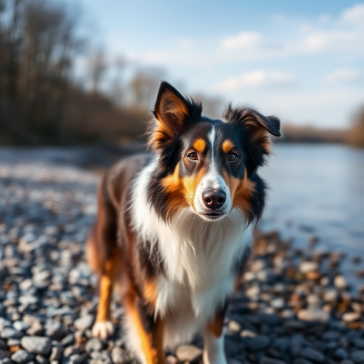 collie dog standing on a pebbled riverbank, natural lighting, f/2.8, 1/200 sec, ISO 100, 50mm lens, shallow depth of field, focus on the dog's face, DSLR camera