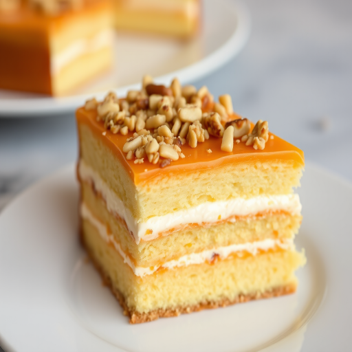 Slice of cake with layers of yellow sponge cake and creamy filling topped with a crunchy caramelized layer and sprinkled with nuts on a white plate.