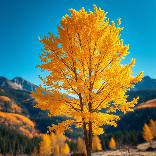 capture a vibrant autumn landscape with a focus on a yellow larch tree in the foreground, mountains in the background, bright blue sky, use a Canon EOS R5, 24mm lens, aperture f/8, ISO 100, shutter speed 1/250s, shot from eye level for sharp detail and color richness