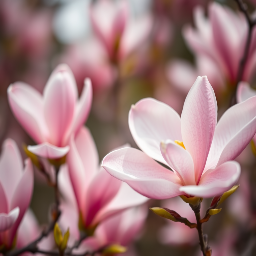 close-up of pink magnolia flowers in soft focus, shallow depth of field, 50mm f/1.8 lens, ISO 200, aperture f/2.8, natural light, DSLR camera, bokeh background, high resolution