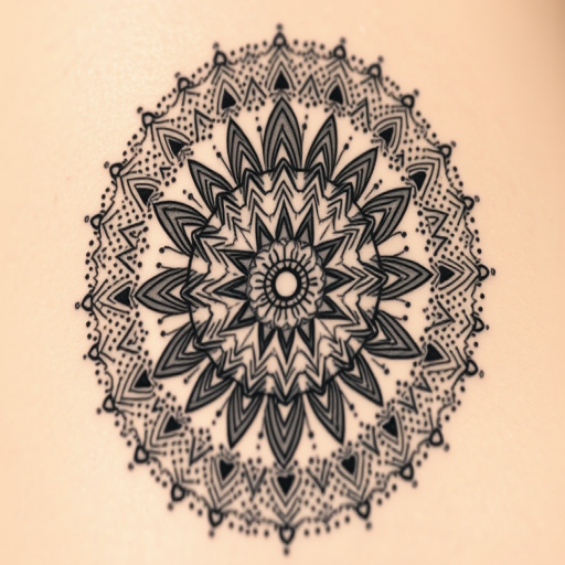 Dotwork mandala tattoo called "Cosmic Balance" using thousands of tiny dots to create intricate patterns and shading forming a symmetrical circular design inspired by spiritual and meditative practices