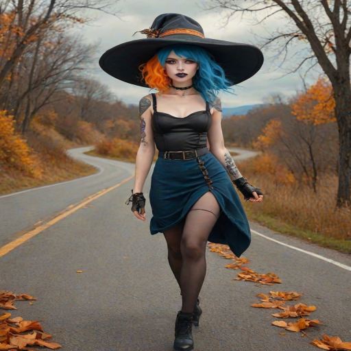 digital art fantasy depicting a strange girl with blue hair, long eyelashes, orange lipstick and a tall hat walking along a winding road on an autumn afternoon, an Cobra smiles as she passes