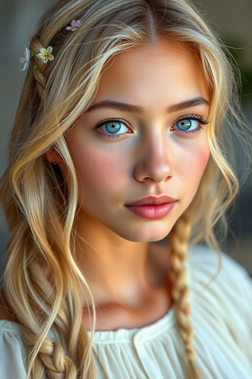 Create an image of a young Pacific Islander woman with long, wavy blonde hair, adorned with small, colorful flowers woven into her braids and loose strands. Her complexion is fair, with soft, glowing skin, and she has light blue eyes that gaze softly at the viewer. She wears a light, flowing dress with a gentle, ethereal quality, complementing her delicate and serene appearance. The background is slightly blurred, drawing focus to her tranquil expression and the intricate details of the flowers in her hair. The overall mood of the image is one of natural beauty and grace, evoking a sense of peacefulness and connection with nature.